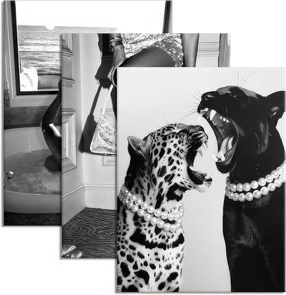 Bathroom Fashion Leopard Print Black and White Canvas Wall Art Trendy Women Posters Paintings Luxury Feminist Pictures Wall Decor for Bedroom Living Room Hallway Home Decoration 12×16 In Framed