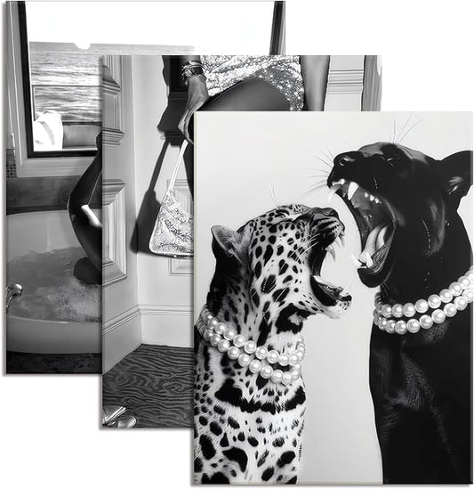 Bathroom Fashion Leopard Print Black and White Canvas Wall Art Trendy Women Posters Paintings Luxury Feminist Pictures Wall Decor for Bedroom Living Room Hallway Home Decoration 12×16 In Framed