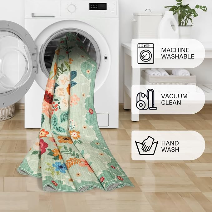 DUKINO Runner Rug for Hallway, 2.6x10 Washable Floral Long Kitchen Rug with Non Slip Backing, Boho Lightweight & Stain Resistant Soft Runners for Indoor Entrance, Laundry, Living Room, Bedroom, Green