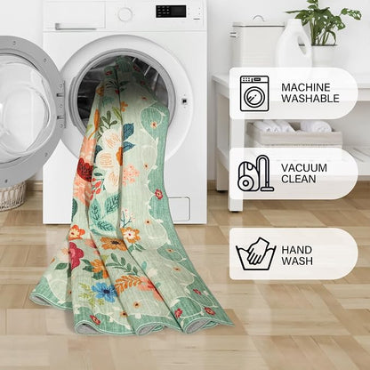 DUKINO Runner Rug for Hallway, 2.6x10 Washable Floral Long Kitchen Rug with Non Slip Backing, Boho Lightweight & Stain Resistant Soft Runners for Indoor Entrance, Laundry, Living Room, Bedroom, Green