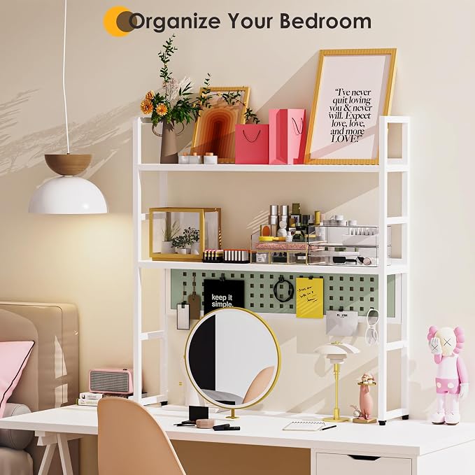 Brakki Desk Shelf, Desk Hutch Bookshelf, Desktop Shelf with Pegboard, White | L35.43", 2 Tier Bookcase, for Computer Monitor, Metal Desktop Hutch, Storage Organizer for Dorm Home Office