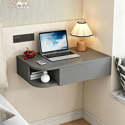 Corner Floating Desk with Drawer, Wall Mounted Desk with Open Shelving, Floating Makeup Vanity with Storage, Scratch-Resistant, Space Saving, for Bedroom Living Room Small Spaces Apartment