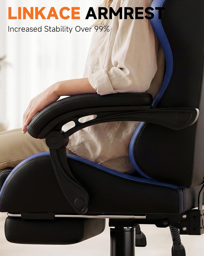 GTPLAYER Gaming Chair with Footrest, Computer Gaming Chair for Adults, Height Adjustable Gamer Chair with 90-155° Recline & Removable Headrest Lumbar Support, Dark Black-Blue