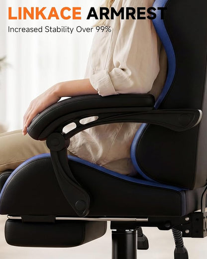 GTPLAYER Gaming Chair with Footrest, Computer Gaming Chair for Adults, Height Adjustable Gamer Chair with 90-155° Recline & Removable Headrest Lumbar Support, Dark Black-Blue