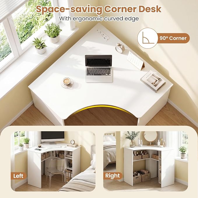 Tangkula White Corner Desk with Charging Station, 90-Degree Triangle Computer Desk with Ergonomic Curved Edge & Open Storage Shelves, Writing Study Desk for Small Spaces Home Office