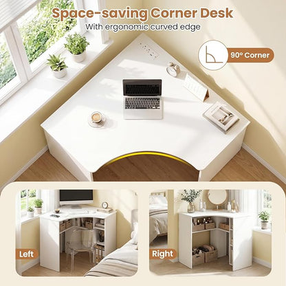 Tangkula White Corner Desk with Charging Station, 90-Degree Triangle Computer Desk with Ergonomic Curved Edge & Open Storage Shelves, Writing Study Desk for Small Spaces Home Office