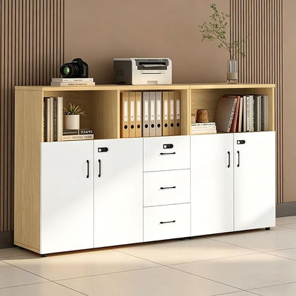 File Cabinet with Password Lock, Wood Lateral Filing Cabinet for Letter/A4 Files, 3 Drawer with Door, Printer Stand with Open Shelves for Home Office