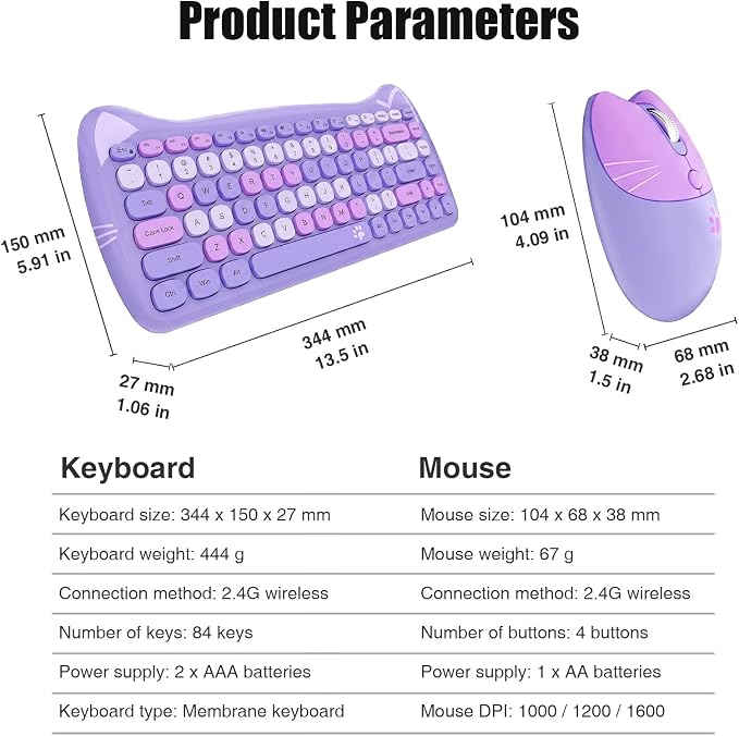 Cute Cat 2.4G USB Wireless Keyboard and Mouse Combo, Silent Keys, Candy Colors, Compatible with Notebook, PC (Purple-84Keys)