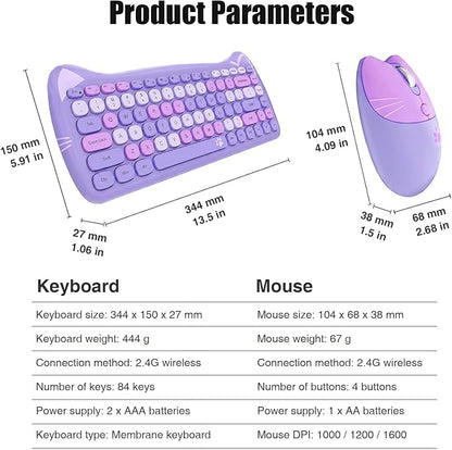 Cute Cat 2.4G USB Wireless Keyboard and Mouse Combo, Silent Keys, Candy Colors, Compatible with Notebook, PC (Purple-84Keys)