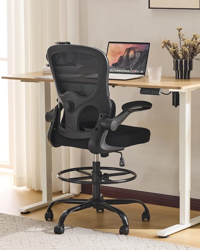 Karl home Ergonomic Drafting Chair, Black | Lumbar Support, Flip-Up Armrests, Adjustable Height Footrest Ring, Breathable Mesh, Tall Swivel