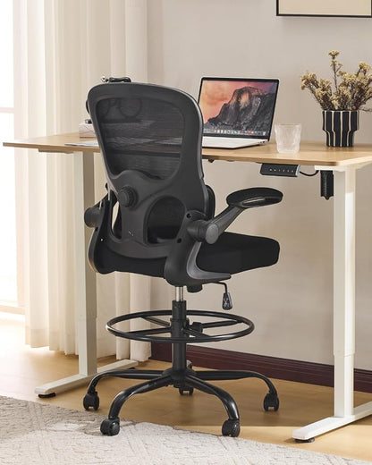 Karl home Ergonomic Drafting Chair, Black | Lumbar Support, Flip-Up Armrests, Adjustable Height Footrest Ring, Breathable Mesh, Tall Swivel