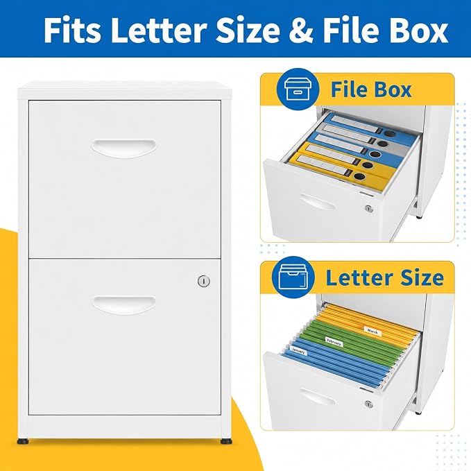 SAWJEC 2 Drawer File Cabinet with Lock, Small Metal Filing Cabinet for Home Office, Vertical Locking File Cabinet with Letter Size Hanging Files, White, 25.6" H x 15.0" W x 17.7" D