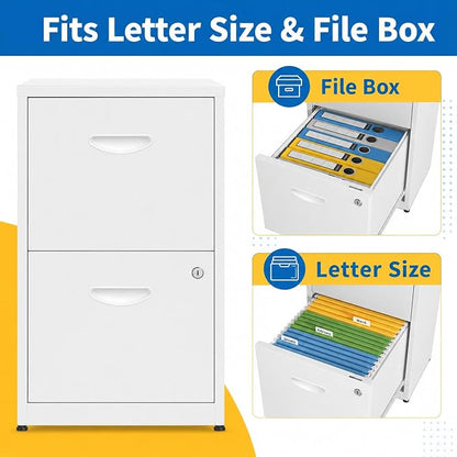 SAWJEC 2 Drawer File Cabinet with Lock, Small Metal Filing Cabinet for Home Office, Vertical Locking File Cabinet with Letter Size Hanging Files, White, 25.6" H x 15.0" W x 17.7" D