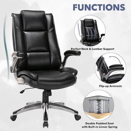 MALOL Leather Executive Office Chair - High Back Home Computer Desk Chair with Padded Flip-up Arms, Adjustable Tilt Lock, Swivel Rolling Ergonomic Chair for Adult Working Study, Black