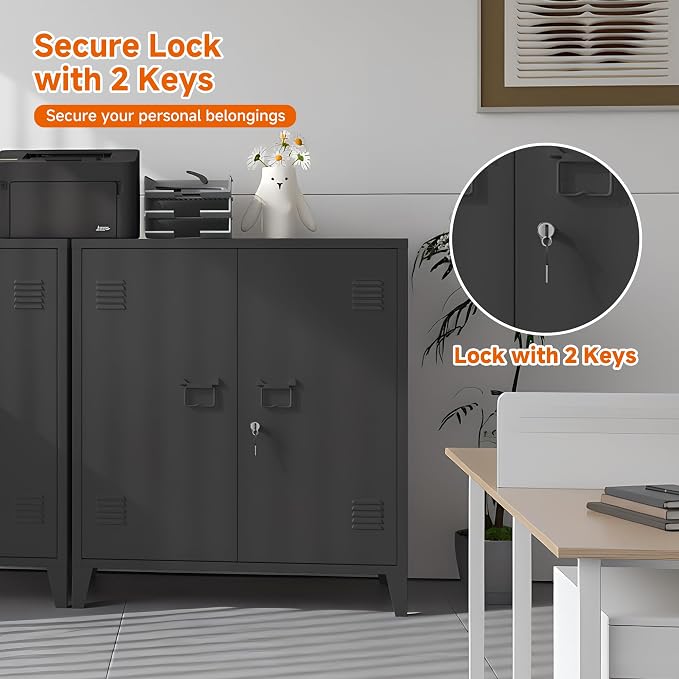 Metal Storage Cabinet 35.4”H Locking Storage Cabinet (Black) | With 2 Adjustable Shelves and Doors, Small Storage Cabinet for Home School Office Garage