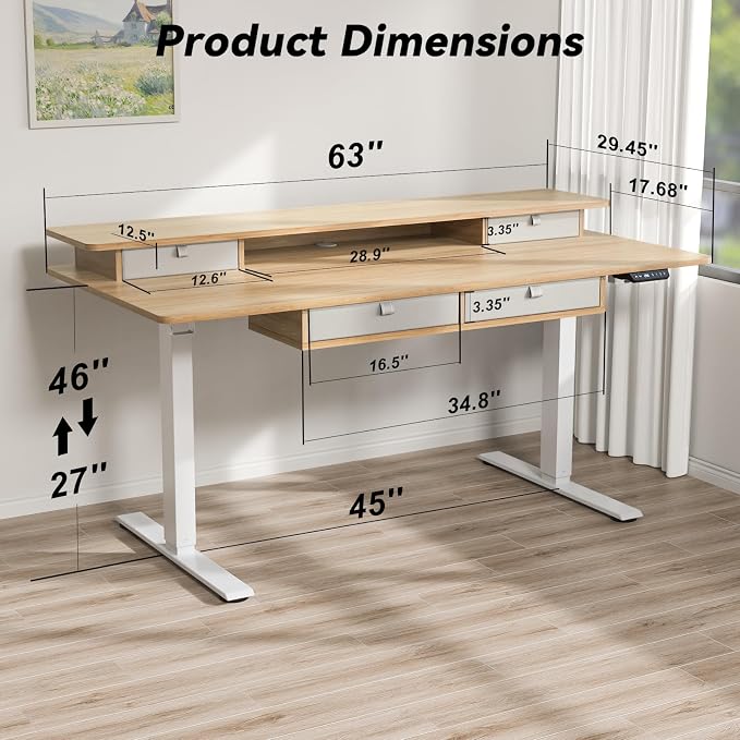 FiCiHi Adjustable Height Standing Desk with 4 Drawers,63 x 30 inches Electric Sit Stand Home Office Desk with Two Tiers, 3 Memory Presets, Monitor Stand Riser, USB A/C Charging Port