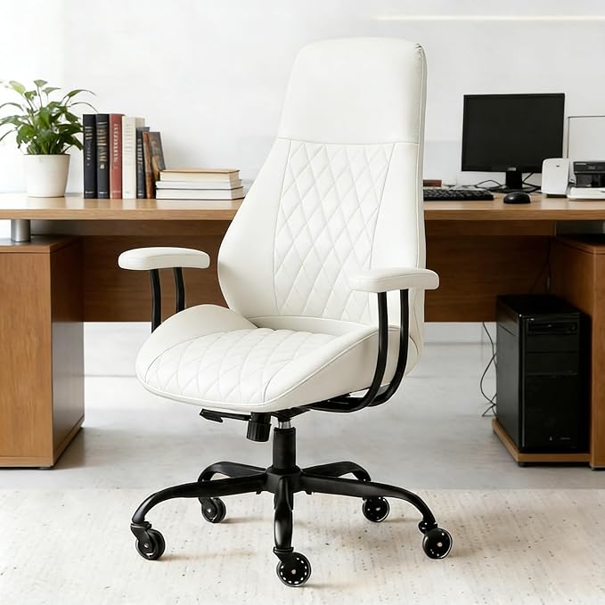 E-Ser Leather Desk Chair, Mid Century Modern Office Chair, White | Lumbar Support, Ergonomic, 360° Swivel, Rubber Rolling Wheels, Adjustable Height, for Adults