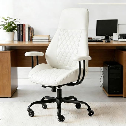 E-Ser Leather Desk Chair, Mid Century Modern Office Chair, White | Lumbar Support, Ergonomic, 360° Swivel, Rubber Rolling Wheels, Adjustable Height, for Adults