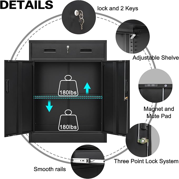 CMY Metal Storage Cabinet, Locking Storage Cabinet with 1 Drawer and Adjustable Shelf, 36" H x 28" W x 16" D Metal Cabinets for Office, Garage, Home-Black