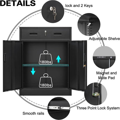 CMY Metal Storage Cabinet, Locking Storage Cabinet with 1 Drawer and Adjustable Shelf, 36" H x 28" W x 16" D Metal Cabinets for Office, Garage, Home-Black