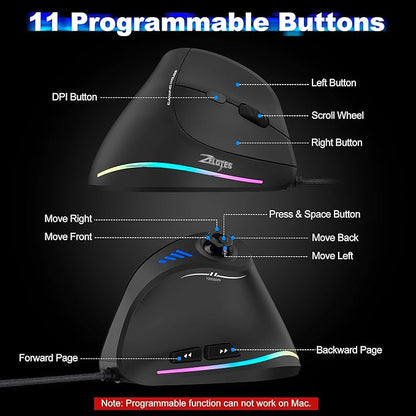 TRELC Gaming Mouse with 5 D Rocker, Vertical Ergonomic Mouse with 11 Programmable Buttons, 10000 DPI, On-Board Memory, Optical Computer Mice for PC/Laptop/E-Sports/Gamer (Wired)