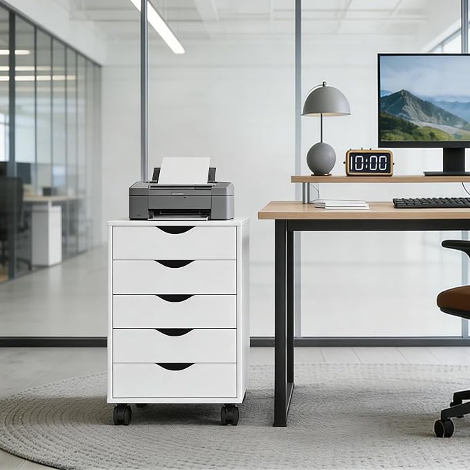 SweetGO 5 Drawer File Cabinet, Under Desk Storage with Drawers, Wood File cabinets for Home Office, Dorms (White)
