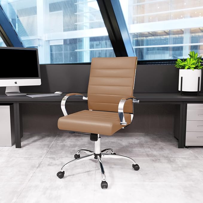 LeisureMod Benmar Leather Office Desk Chair, Mid-Back Ergonomic Swivel Chair with Lumbar Support, Adjustable Height, Tilt Lock, Cushioned Seat & Back, Home Office Task Chair (Brown, Single)
