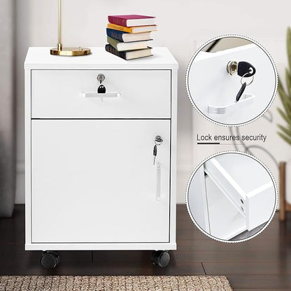 OFCASA 2 Drawer File Cabinet with Lock, Small Rolling Filing Cabinets for Home Office, Wood Under Desk File Cabinet with Wheels, Mobile Storage Organizer, Printer Stand for Letter/Legal, White