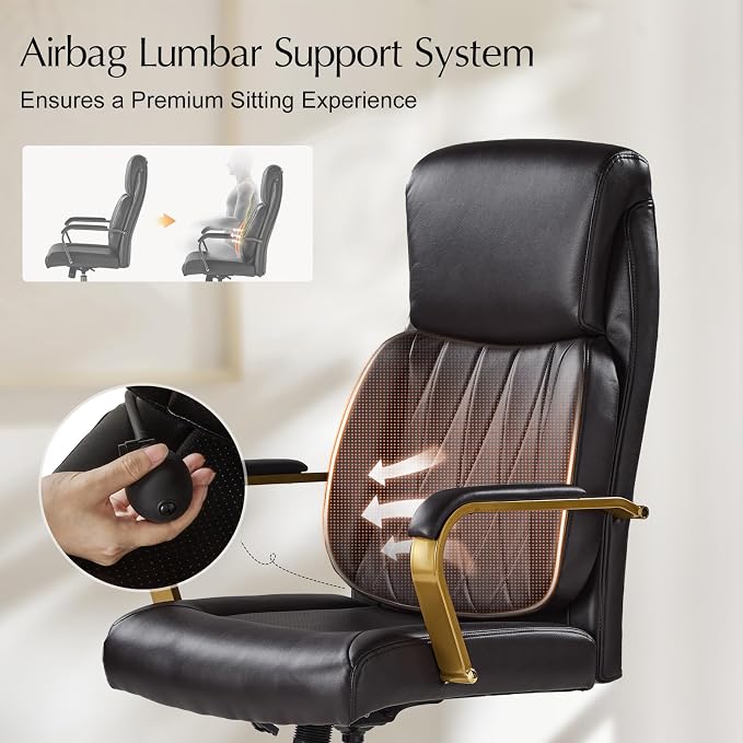 HULALA HOME Executive Office Chair with Adjustable Lumbar Support, Leather Ergonomic Office Chair with Padded Armrests, Tilt and High Back, White and Gold, Black