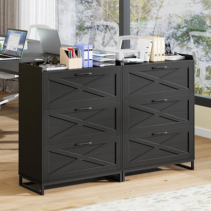 Vabches File Cabinet 3 Drawers Lateral File Cabinet with Charging Station for Letter/Legal/A4 Size Hanging Files, Large Wood File Storage Cabinets Printer Stand for Home Office, Simple Black
