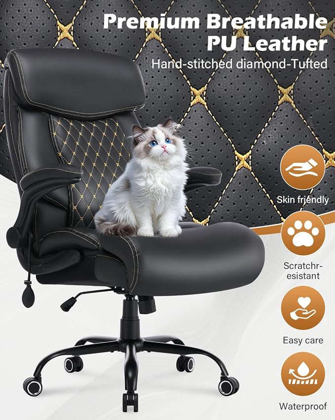550LBS Big and Tall Office Chair for Heavy People,Ergonomic Office Chair with Padded Flip-Up Arms and Adjustable Lumbar Support,High Back Executive Leather Desk Chair with Rocking Function