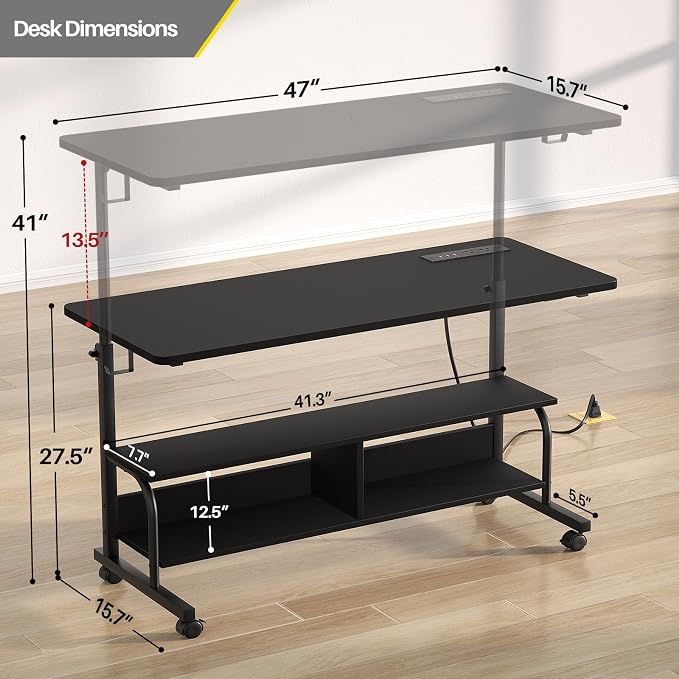 Armocity Rolling Standing Desk with Charging Station, Portable Height Adjustable Mobile Computer Desk with Wheels & 2-Tier Shelves & Hooks, Easy Assembly Laptop Table for Couch Bed, 47" Black