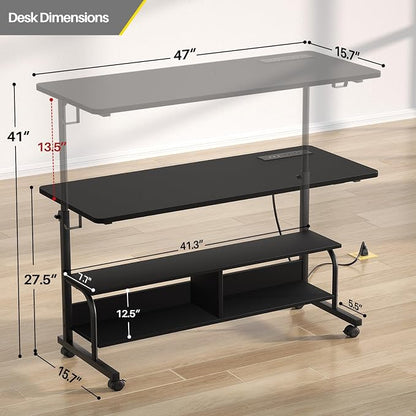 Armocity Rolling Standing Desk with Charging Station, Portable Height Adjustable Mobile Computer Desk with Wheels & 2-Tier Shelves & Hooks, Easy Assembly Laptop Table for Couch Bed, 47" Black