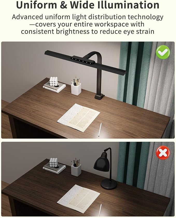 LED Desk Lamps for Home Office, 24W Bright Eye-Caring Light with Clamp, Stepless Dimming Adjustable Flexible Gooseneck Clip on Desk Office Lamp with Adapter for Reading, Study, Workbench,Black