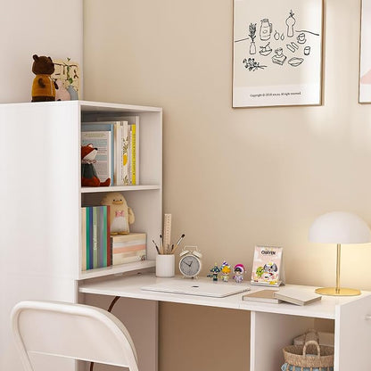Fold Out Desk with Storage Shelves & Mobile Wheels, Convertible Pull-Out Murphy Desk for Small Spaces | Hidden Writing Computer Desks for Home Office, Apartment & Bedroom(White-)