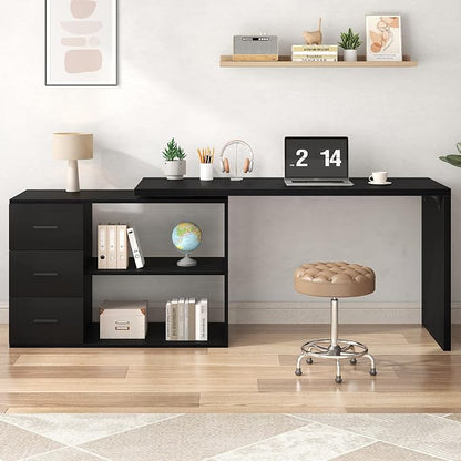 HSH Black L Desk with Drawers Shelves, Large Reversible L Shaped Desk with Storage Cabinet, Corner Home Office Computer Desk Workstation for Executive Writing Study, Bedroom Living Room Table, 60 Inch