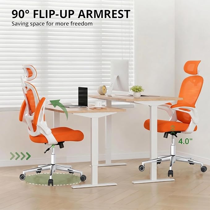 Office Chair, Ergonomic Breathable Mesh Chair,Flip-Up Arms and Adjustable High Back Lumbar Support,Comfy Computer Chair for Home Office (Orange, 407)