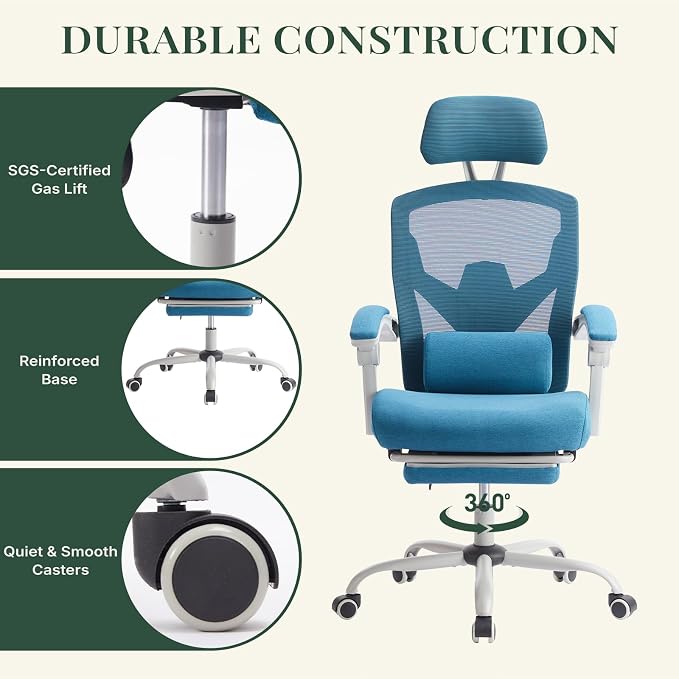 Ergonomic Office Chair with Footrest, High Back Home Desk Computer Chair with Lumbar Support & Headrest, 90-135° Reclining Mesh Back with Wheels for Work, Gaming, Blue