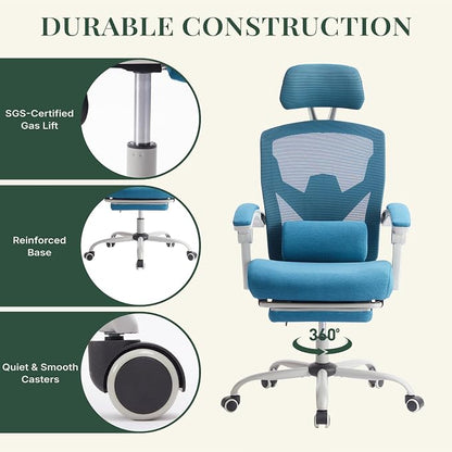 Ergonomic Office Chair with Footrest, High Back Home Desk Computer Chair with Lumbar Support & Headrest, 90-135° Reclining Mesh Back with Wheels for Work, Gaming, Blue