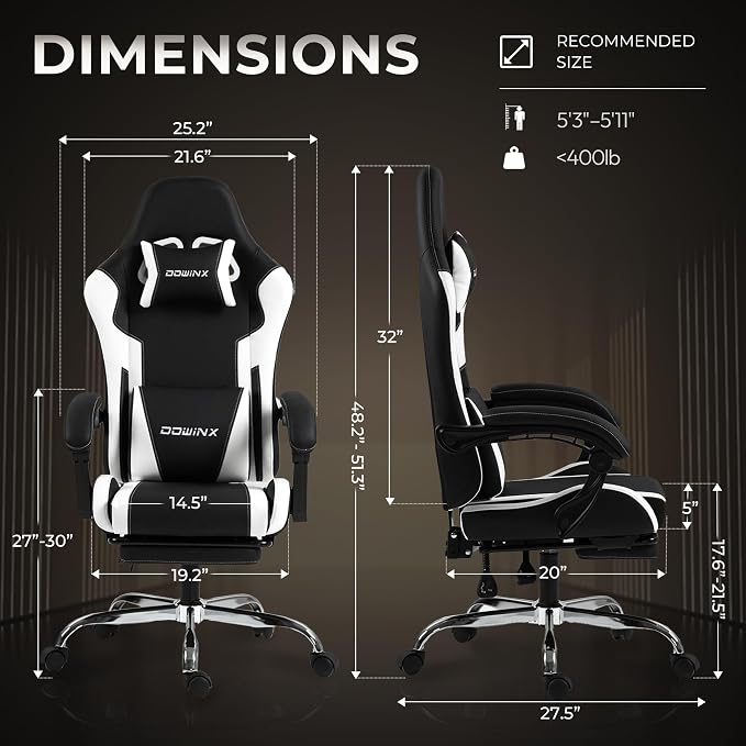 Dowinx Gaming Chair with Footrest, 330lbs Computer Chair 2D Lift Linkage Armrest, Massage Lumbar, Height Adjustable Ergonomic Comfy Video Game Chairs for Home Office Streaming, Long Gaming, White