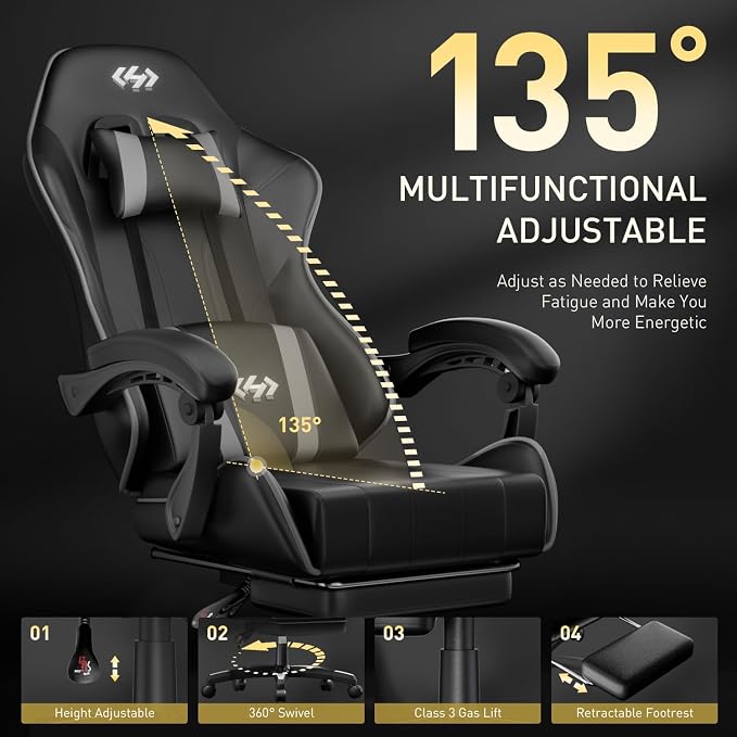 HLDIRECT Gaming Chair, Ergonomic Computer Office Chair with Lumbar Support Footrest Headrest, Adjustable Height & Backrest Angle Video Gamer Chair, PU Leather, 360° Swivel, Adult (Black&Grey)