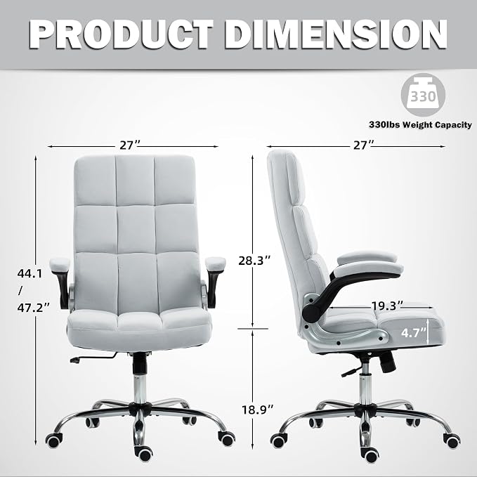 ECOTOUGE Executive Office Chair, Velvet Ergonomic Comfy Desk Chair, High Back Computer Chair with Adjustable Tilt Angle and Flip-up Arms (Grey, Without Footrest)