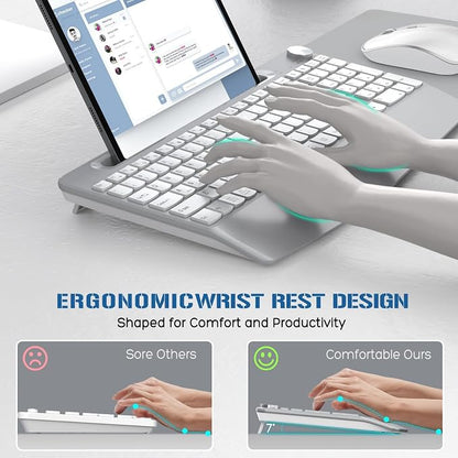 JOYACCESS Ergonomic Wireless Keyboard Mouse Combo, Full Size Wireless Keyboard Designed with Phone Holder and Wrist Rest,Volume Roller for Computer Mac PC Laptop-Silver