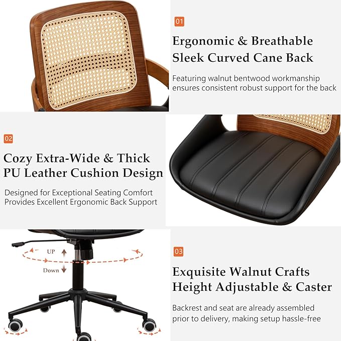 Home Office Desk Chair with Ergonomic Rattan Backrest, Walnut Crafts, Curved Arms, Faux Leather, Caster Wheels, Height Adjustable, Computer Chair for Desk Work, Executive Task, Conference Room - Black