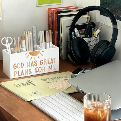 Boho Christian Kids Pen Pencil Holder for Desk, Boho Classroom Decor, God Has Great Plans for Me Bible Verse Wooden Box Sign Decorations for Kids Room Bedroom Playroom Desk Tabletop