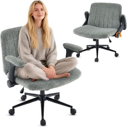 VINGLI Criss Cross Chair with Adjustable Flip-Up Arms,Cross Legged Chair with Wheels, Extra Wide Office Chair,Cozy Desk Chair for Home Office, Vanity, Apartment,Chenille Velvet,Dark Green