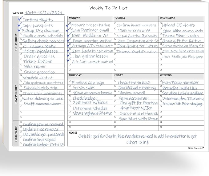 Life Charge Weekly Planner Notepad for Work & Home, Weekly To Do List Pad with Daily Checklist, Priority & Notes, 60 Pages, 8.5 x 11 Letter, Landscape
