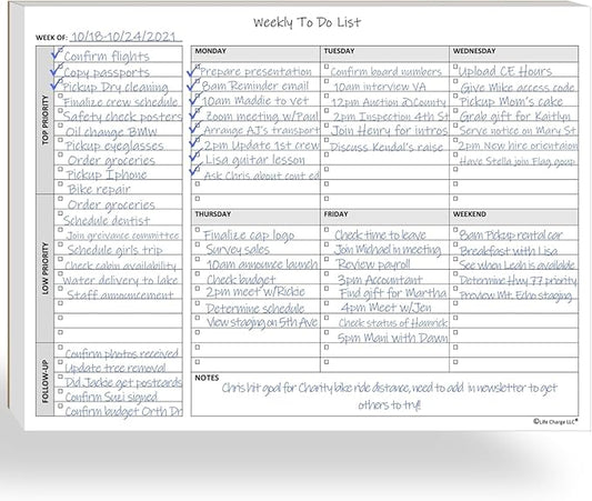 Life Charge Weekly Planner Notepad for Work & Home, Weekly To Do List Pad with Daily Checklist, Priority & Notes, 60 Pages, 8.5 x 11 Letter, Landscape