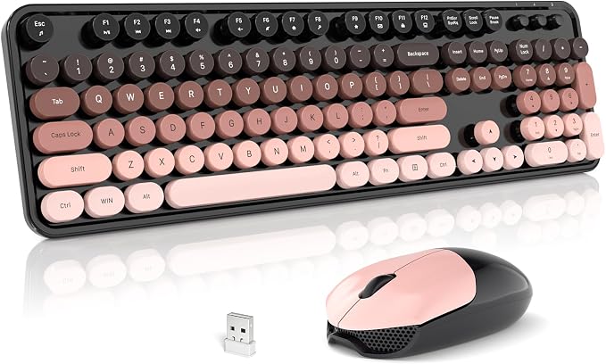 Wireless Keyboard and Mouse Combo, 2.4GHz Gradient Colorful Full-Size Retro Typewriter Keyboard with Wireless Mouse for PC/Desktop/Laptop/Windows (Black Berry)
