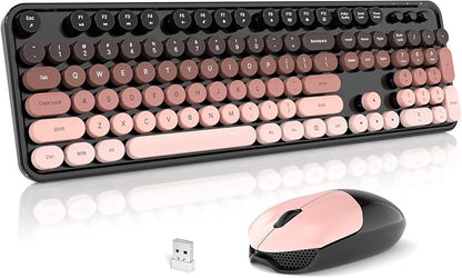 Wireless Keyboard and Mouse Combo, 2.4GHz Gradient Colorful Full-Size Retro Typewriter Keyboard with Wireless Mouse for PC/Desktop/Laptop/Windows (Black Berry)